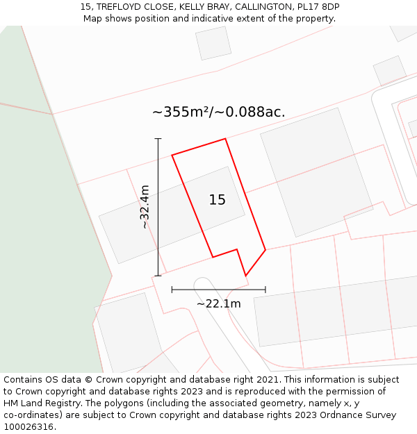 15, TREFLOYD CLOSE, KELLY BRAY, CALLINGTON, PL17 8DP: Plot and title map