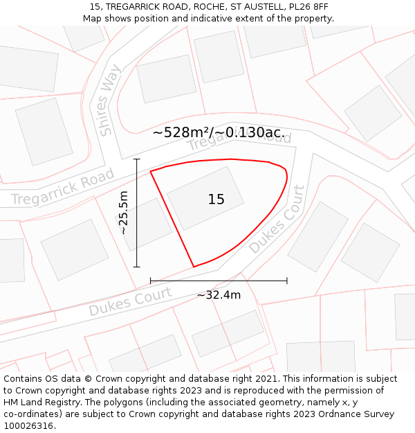 15, TREGARRICK ROAD, ROCHE, ST AUSTELL, PL26 8FF: Plot and title map