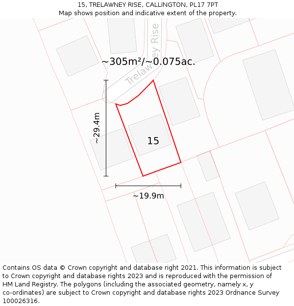 15, TRELAWNEY RISE, CALLINGTON, PL17 7PT: Plot and title map