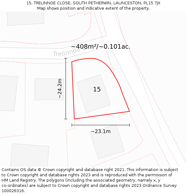 15, TRELINNOE CLOSE, SOUTH PETHERWIN, LAUNCESTON, PL15 7JX: Plot and title map