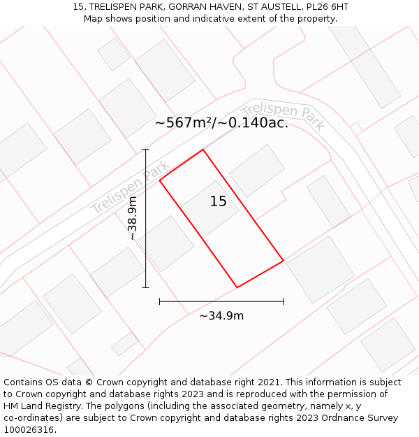 15, TRELISPEN PARK, GORRAN HAVEN, ST AUSTELL, PL26 6HT: Plot and title map