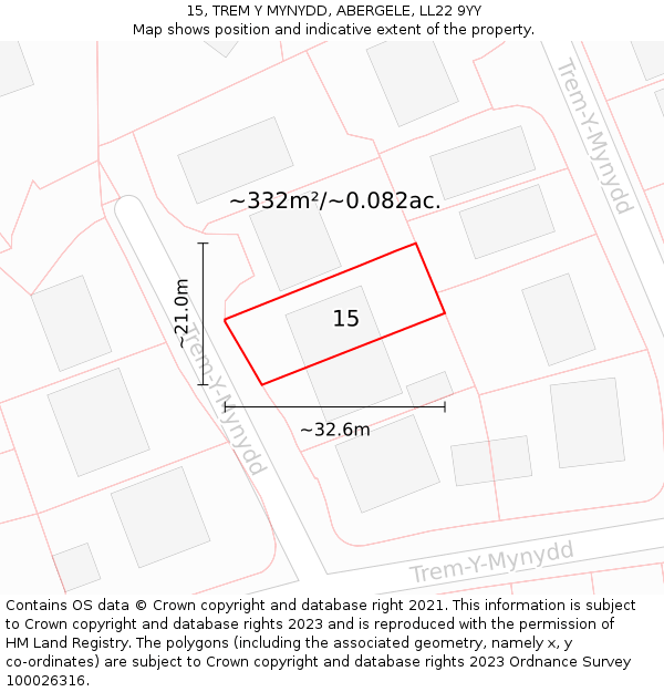 15, TREM Y MYNYDD, ABERGELE, LL22 9YY: Plot and title map