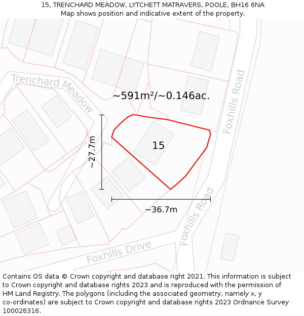 15, TRENCHARD MEADOW, LYTCHETT MATRAVERS, POOLE, BH16 6NA: Plot and title map
