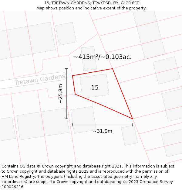 15, TRETAWN GARDENS, TEWKESBURY, GL20 8EF: Plot and title map