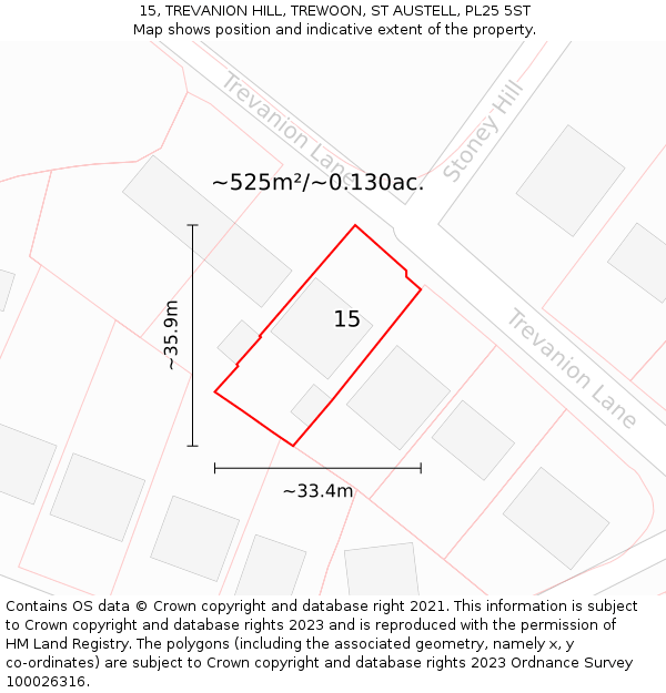 15, TREVANION HILL, TREWOON, ST AUSTELL, PL25 5ST: Plot and title map