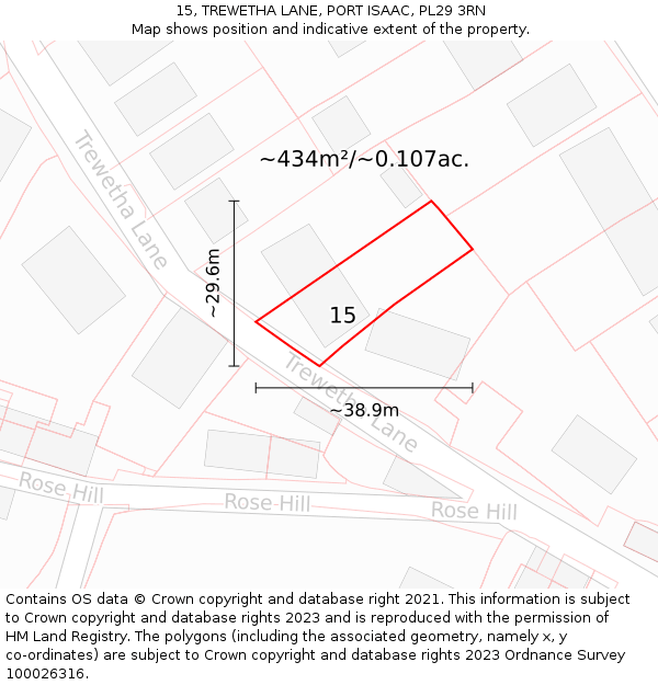 15, TREWETHA LANE, PORT ISAAC, PL29 3RN: Plot and title map