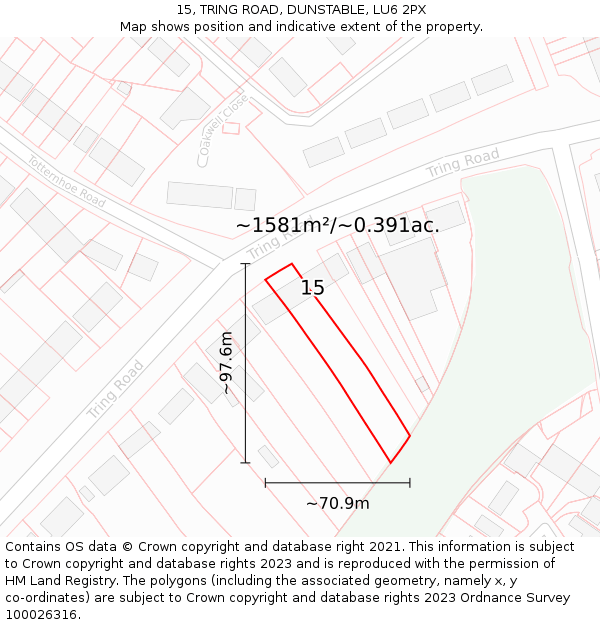 15, TRING ROAD, DUNSTABLE, LU6 2PX: Plot and title map