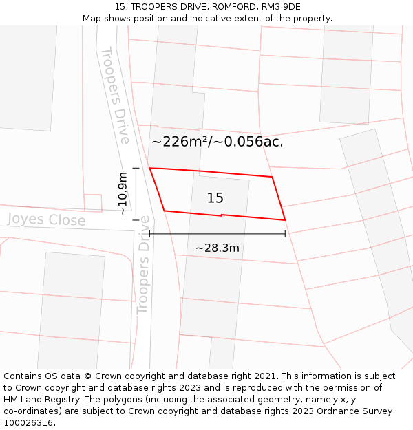 15, TROOPERS DRIVE, ROMFORD, RM3 9DE: Plot and title map