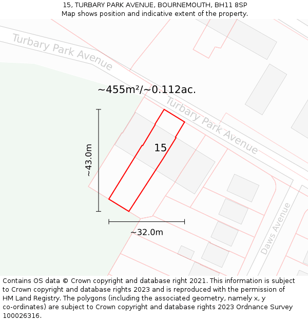 15, TURBARY PARK AVENUE, BOURNEMOUTH, BH11 8SP: Plot and title map