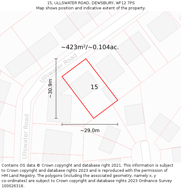 15, ULLSWATER ROAD, DEWSBURY, WF12 7PS: Plot and title map