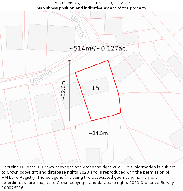 15, UPLANDS, HUDDERSFIELD, HD2 2FS: Plot and title map