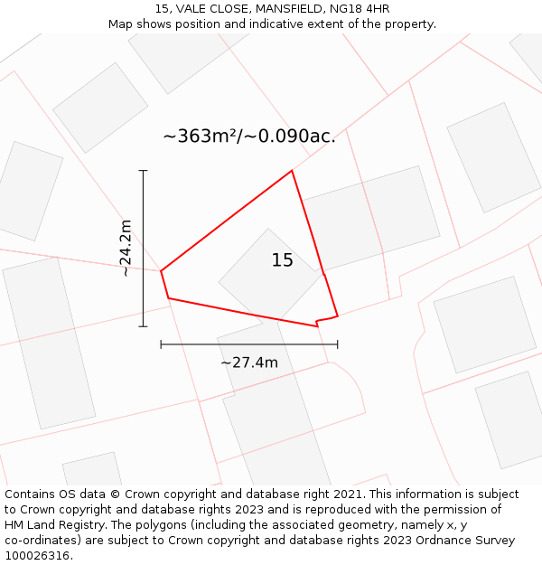 15, VALE CLOSE, MANSFIELD, NG18 4HR: Plot and title map