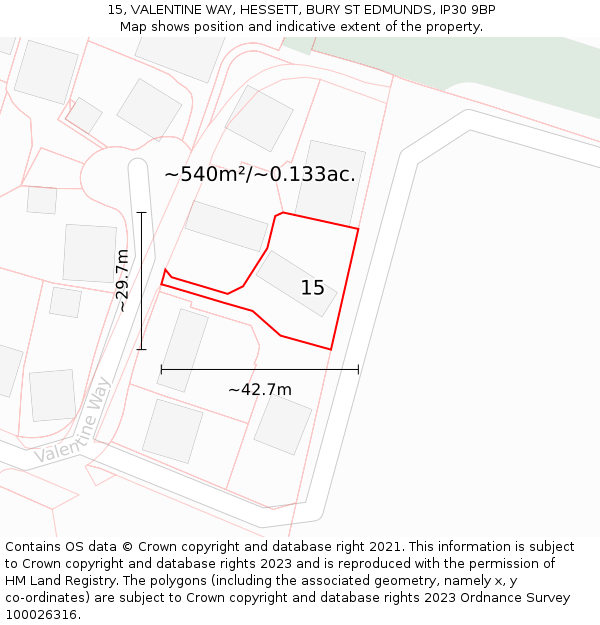 15, VALENTINE WAY, HESSETT, BURY ST EDMUNDS, IP30 9BP: Plot and title map