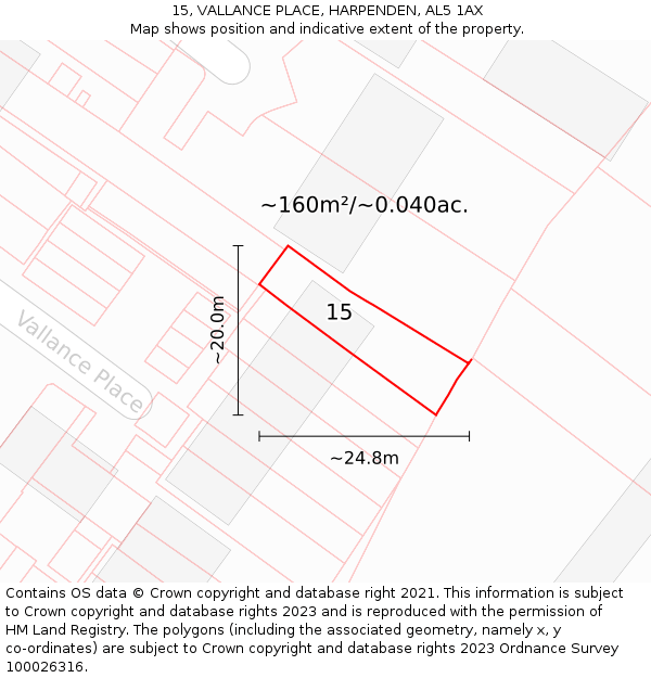 15, VALLANCE PLACE, HARPENDEN, AL5 1AX: Plot and title map