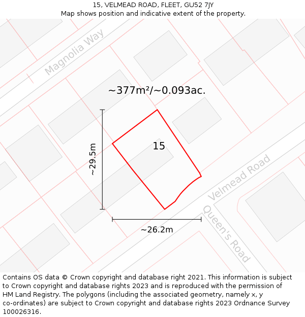 15, VELMEAD ROAD, FLEET, GU52 7JY: Plot and title map