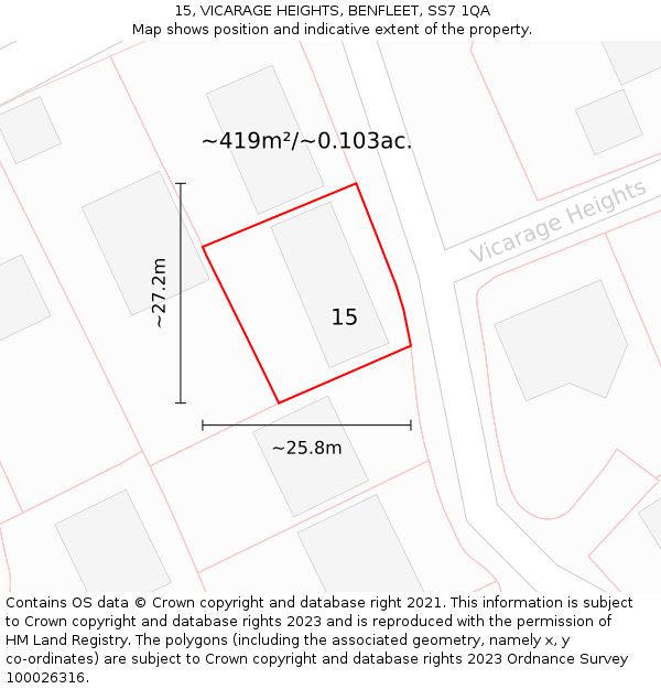 15, VICARAGE HEIGHTS, BENFLEET, SS7 1QA: Plot and title map