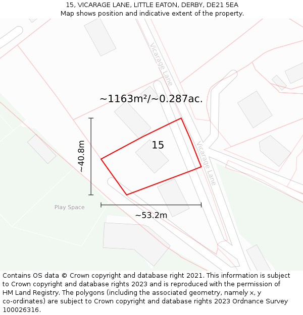 15, VICARAGE LANE, LITTLE EATON, DERBY, DE21 5EA: Plot and title map