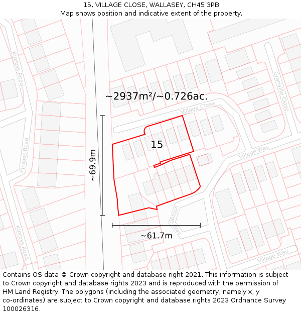 15, VILLAGE CLOSE, WALLASEY, CH45 3PB: Plot and title map