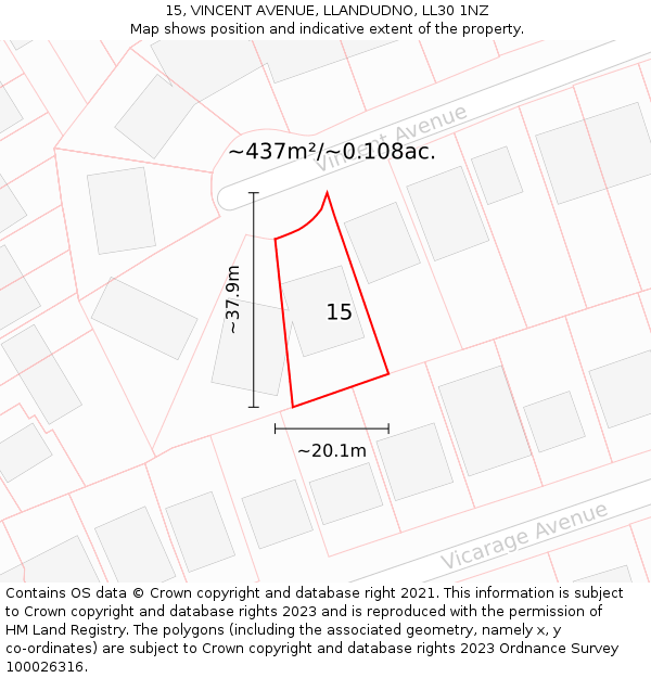 15, VINCENT AVENUE, LLANDUDNO, LL30 1NZ: Plot and title map