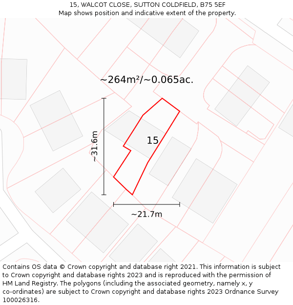 15, WALCOT CLOSE, SUTTON COLDFIELD, B75 5EF: Plot and title map