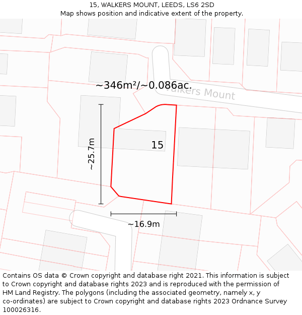 15, WALKERS MOUNT, LEEDS, LS6 2SD: Plot and title map