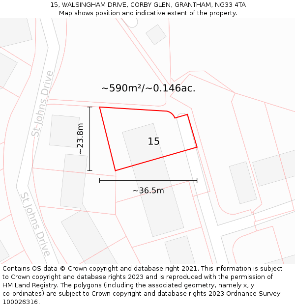 15, WALSINGHAM DRIVE, CORBY GLEN, GRANTHAM, NG33 4TA: Plot and title map