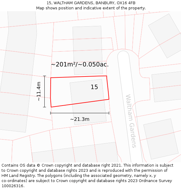 15, WALTHAM GARDENS, BANBURY, OX16 4FB: Plot and title map