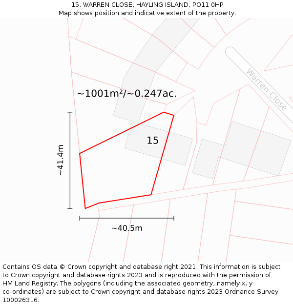 15, WARREN CLOSE, HAYLING ISLAND, PO11 0HP: Plot and title map