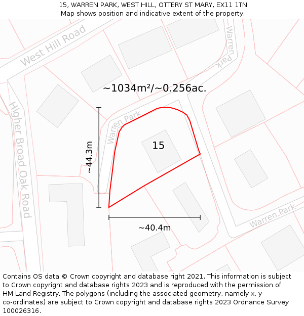 15, WARREN PARK, WEST HILL, OTTERY ST MARY, EX11 1TN: Plot and title map