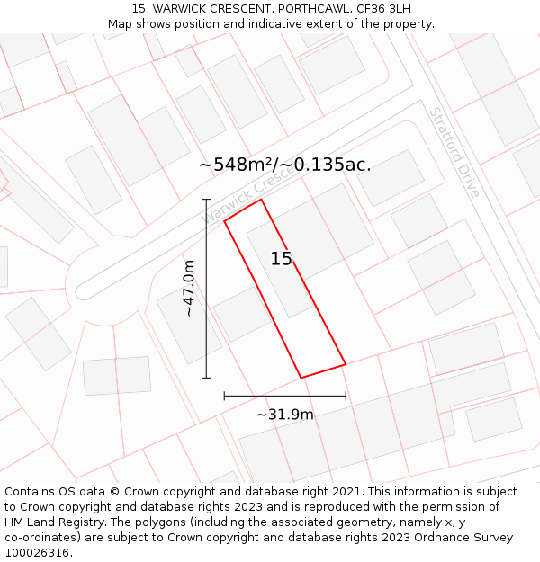 15, WARWICK CRESCENT, PORTHCAWL, CF36 3LH: Plot and title map