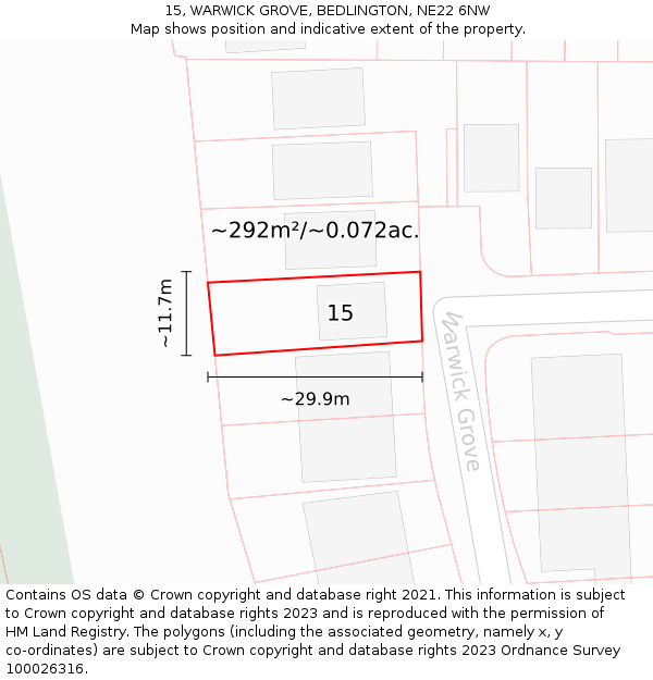 15, WARWICK GROVE, BEDLINGTON, NE22 6NW: Plot and title map