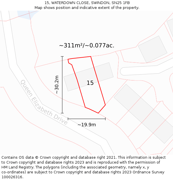 15, WATERDOWN CLOSE, SWINDON, SN25 1FB: Plot and title map