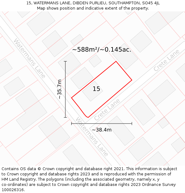 15, WATERMANS LANE, DIBDEN PURLIEU, SOUTHAMPTON, SO45 4JL: Plot and title map