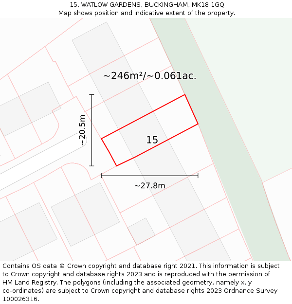 15, WATLOW GARDENS, BUCKINGHAM, MK18 1GQ: Plot and title map