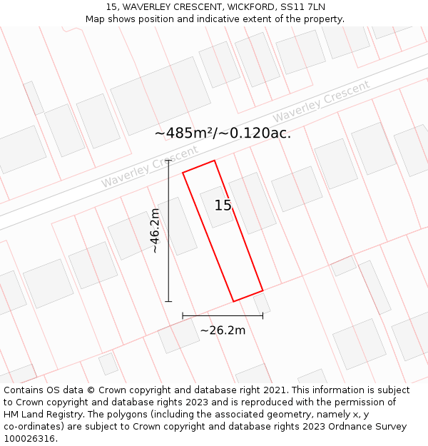 15, WAVERLEY CRESCENT, WICKFORD, SS11 7LN: Plot and title map