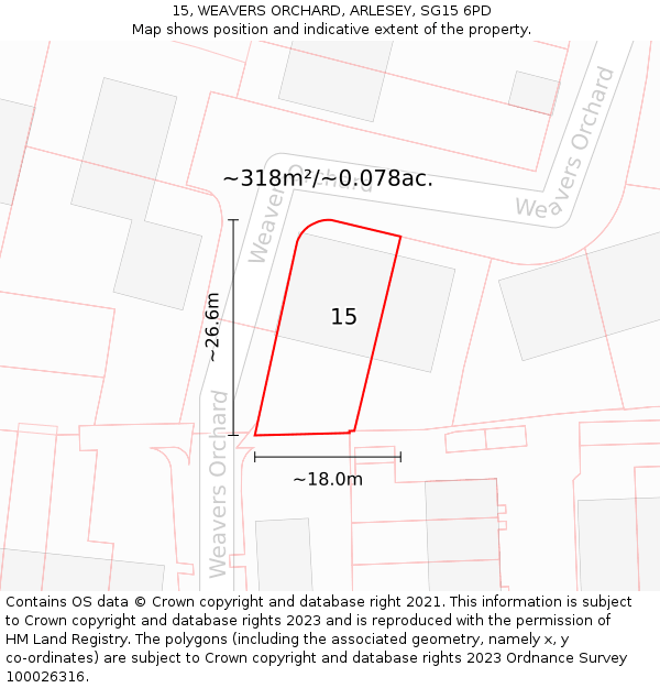 15, WEAVERS ORCHARD, ARLESEY, SG15 6PD: Plot and title map