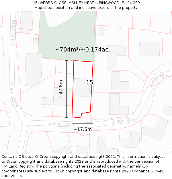 15, WEBBS CLOSE, ASHLEY HEATH, RINGWOOD, BH24 2EP: Plot and title map