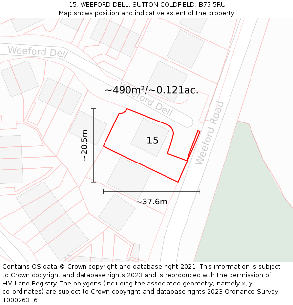 15, WEEFORD DELL, SUTTON COLDFIELD, B75 5RU: Plot and title map
