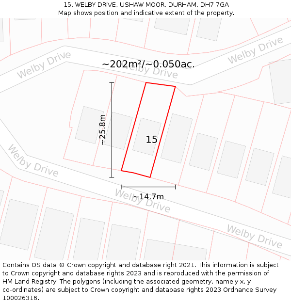 15, WELBY DRIVE, USHAW MOOR, DURHAM, DH7 7GA: Plot and title map