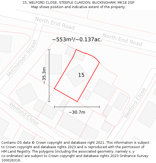 15, WELFORD CLOSE, STEEPLE CLAYDON, BUCKINGHAM, MK18 2GP: Plot and title map