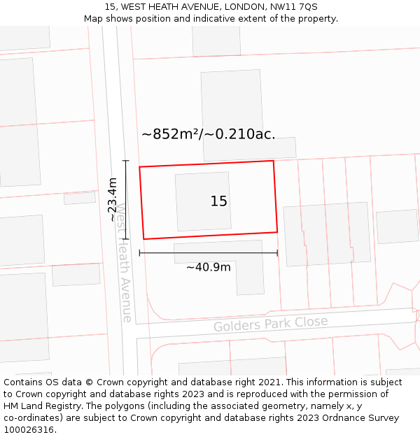 15, WEST HEATH AVENUE, LONDON, NW11 7QS: Plot and title map
