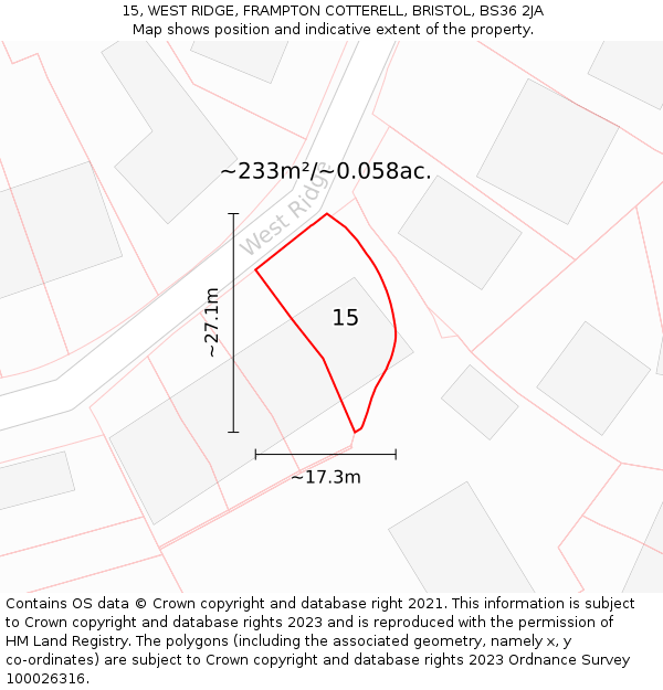 15, WEST RIDGE, FRAMPTON COTTERELL, BRISTOL, BS36 2JA: Plot and title map