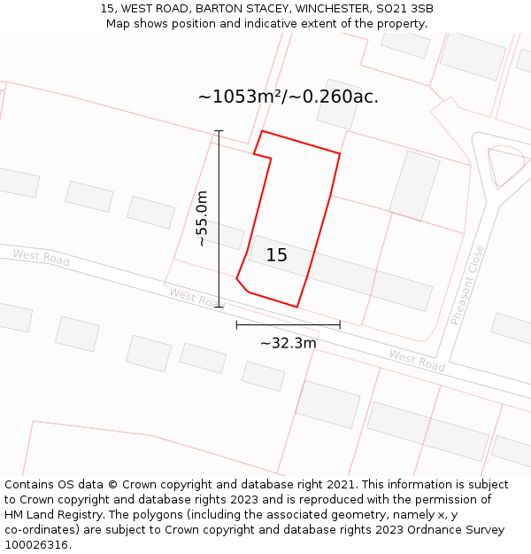 15, WEST ROAD, BARTON STACEY, WINCHESTER, SO21 3SB: Plot and title map