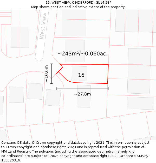 15, WEST VIEW, CINDERFORD, GL14 2EP: Plot and title map