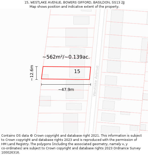 15, WESTLAKE AVENUE, BOWERS GIFFORD, BASILDON, SS13 2JJ: Plot and title map