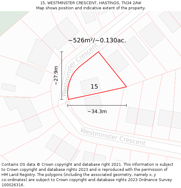 15, WESTMINSTER CRESCENT, HASTINGS, TN34 2AW: Plot and title map