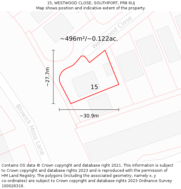 15, WESTWOOD CLOSE, SOUTHPORT, PR8 6UJ: Plot and title map