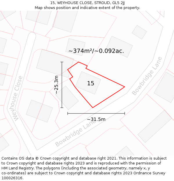 15, WEYHOUSE CLOSE, STROUD, GL5 2JJ: Plot and title map