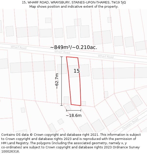 15, WHARF ROAD, WRAYSBURY, STAINES-UPON-THAMES, TW19 5JQ: Plot and title map