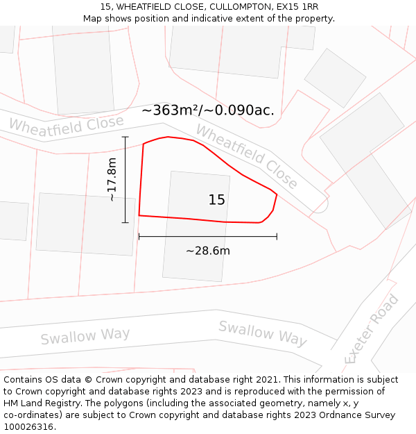 15, WHEATFIELD CLOSE, CULLOMPTON, EX15 1RR: Plot and title map